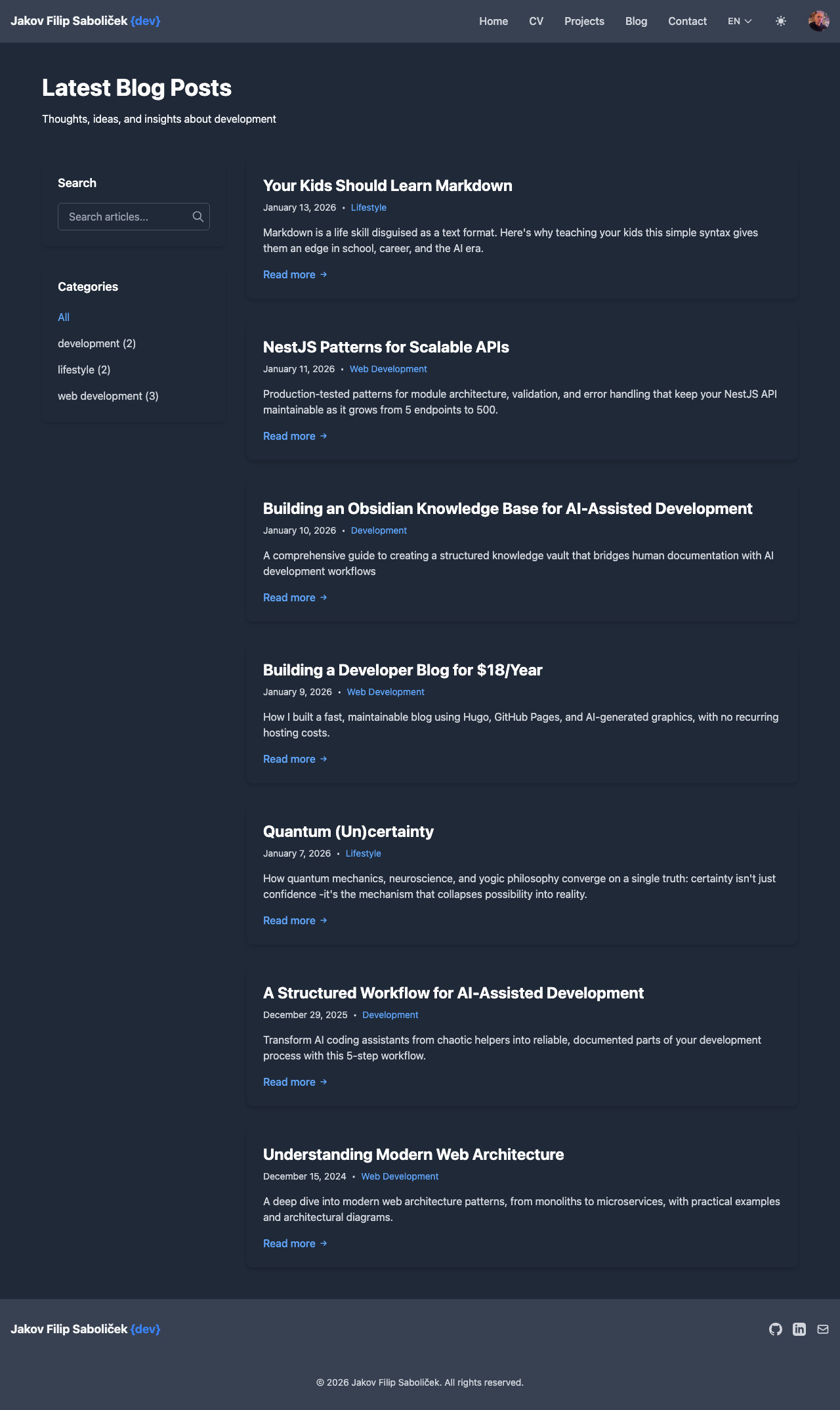 Blog listing in dark mode with consistent theming across all components