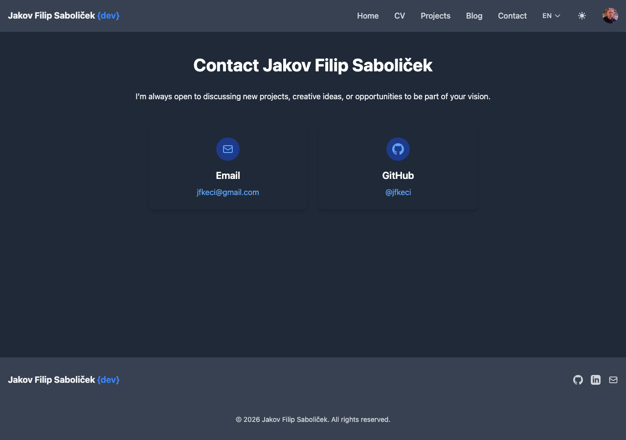 Contact page in dark mode showing consistent theming