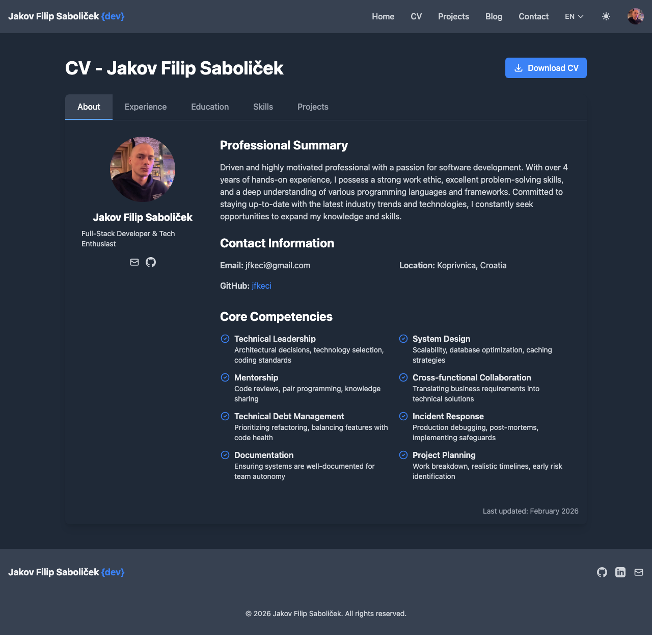 CV About tab in dark mode with Download CV button
