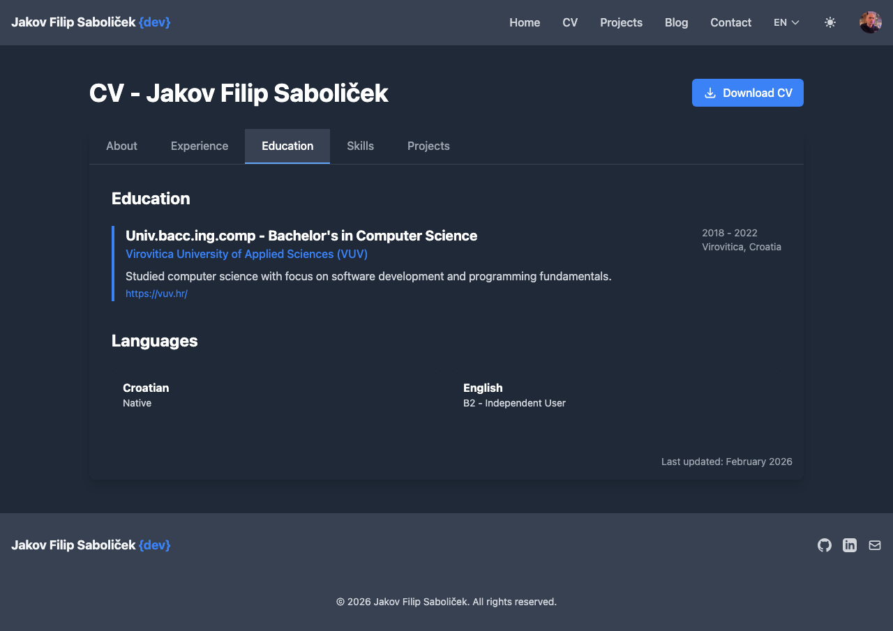 Education tab with degree details and language proficiency