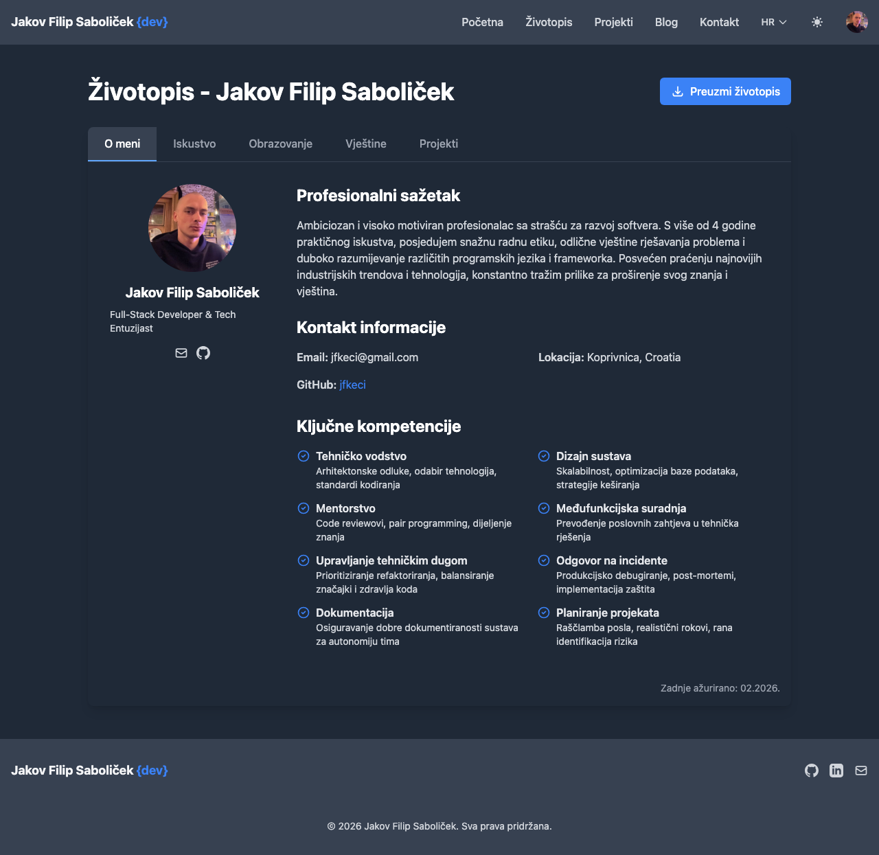 CV page in Croatian with translated section headers and data