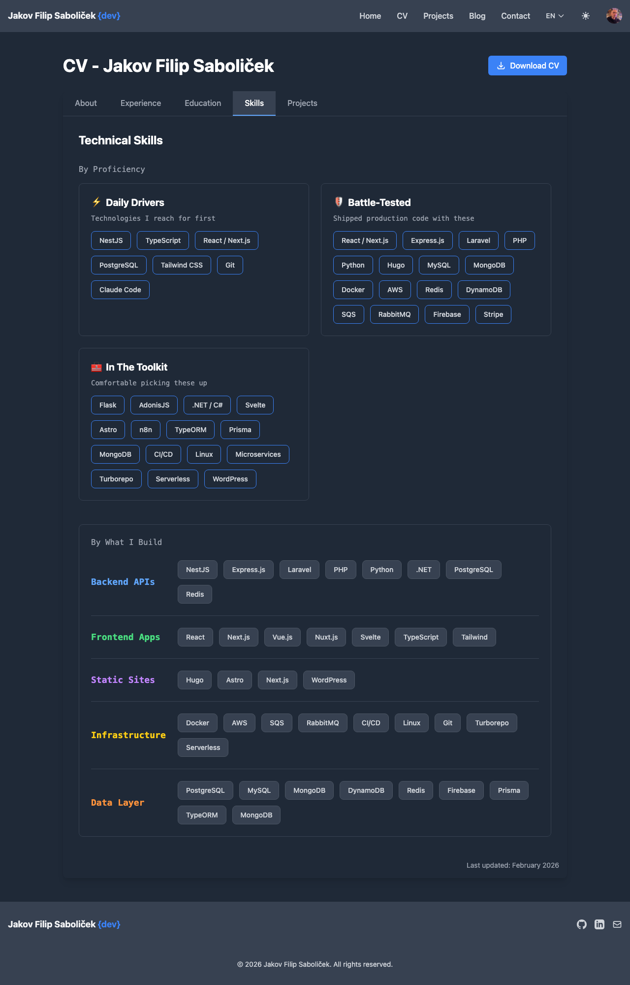Skills tab organized by proficiency and by category (Backend, Frontend, Infrastructure, Data)