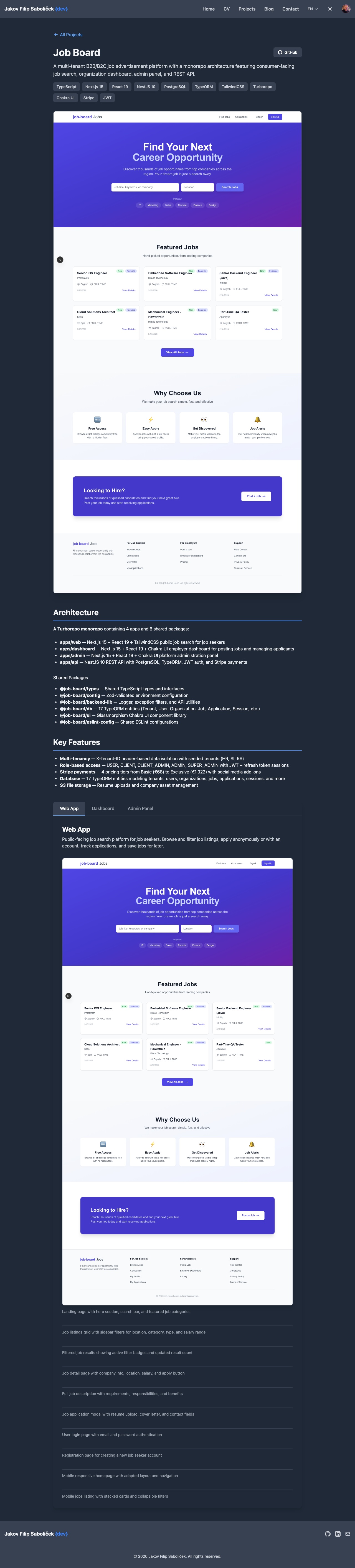 Project detail page for Job Board with tabbed screenshot galleries