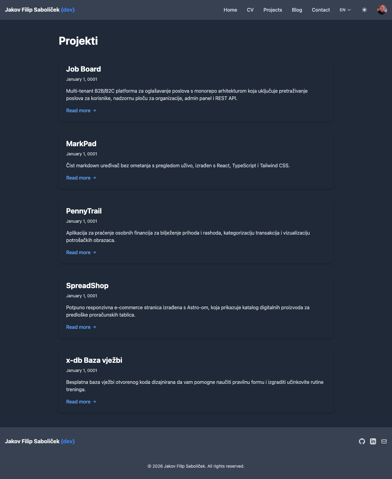 Projects page in Croatian with localized descriptions