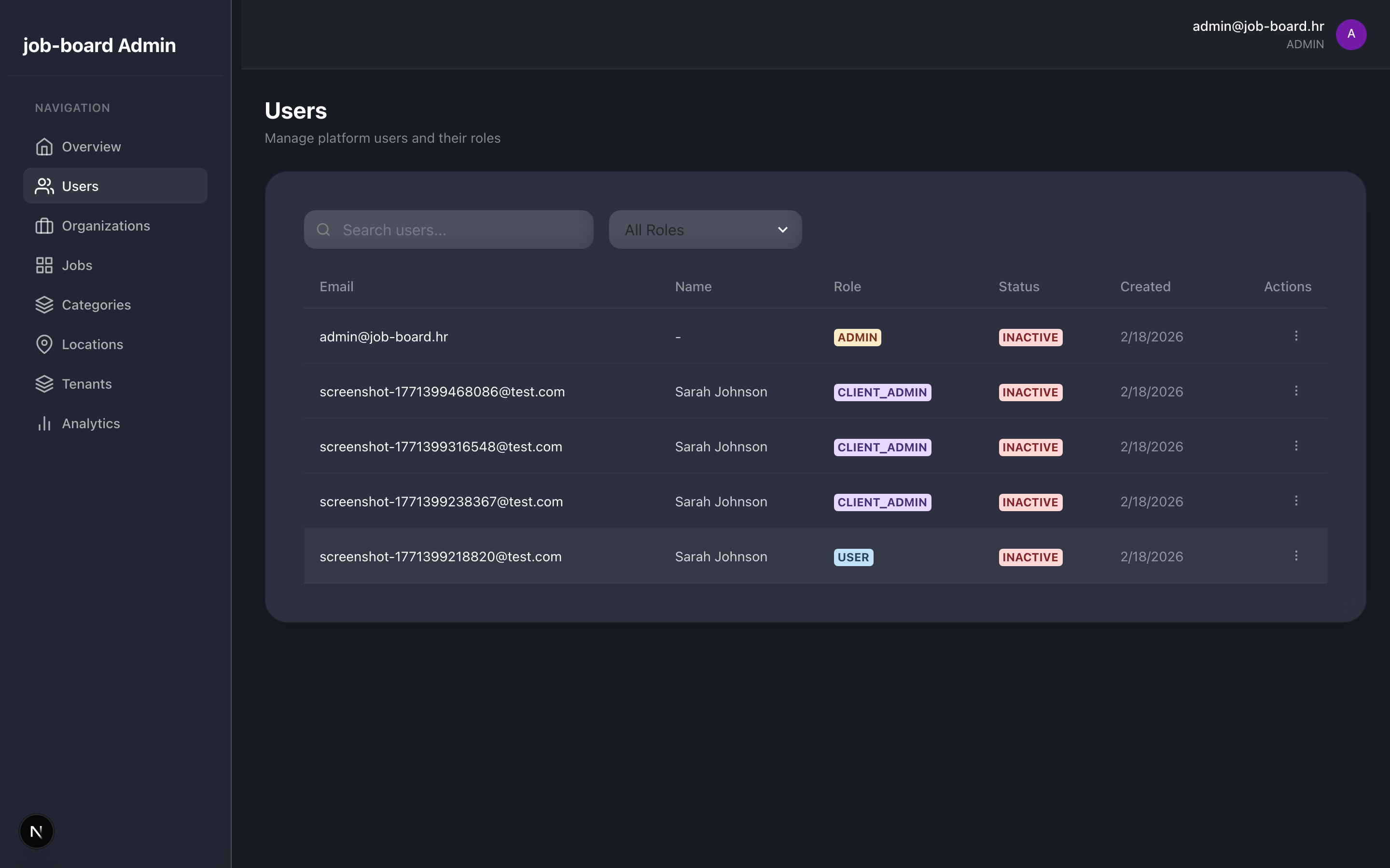 User management table with roles, status, and action buttons