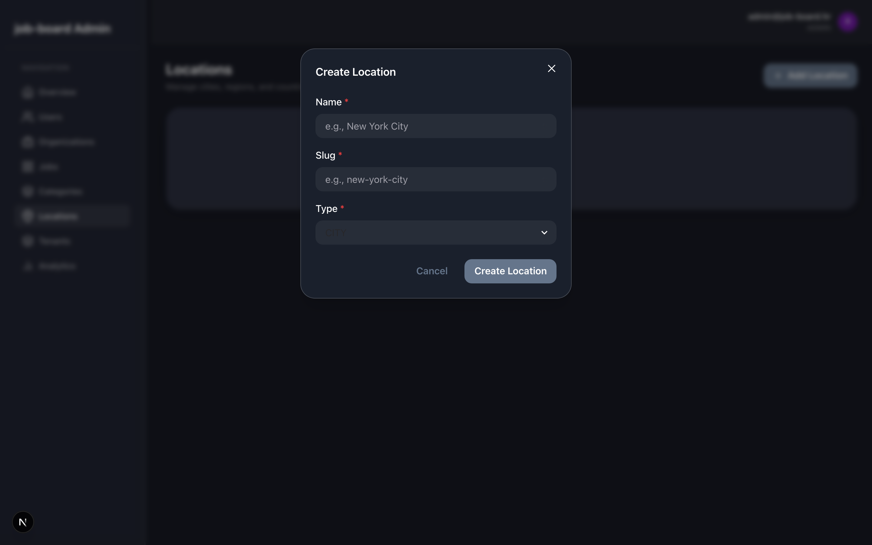 Create location modal with city and country fields
