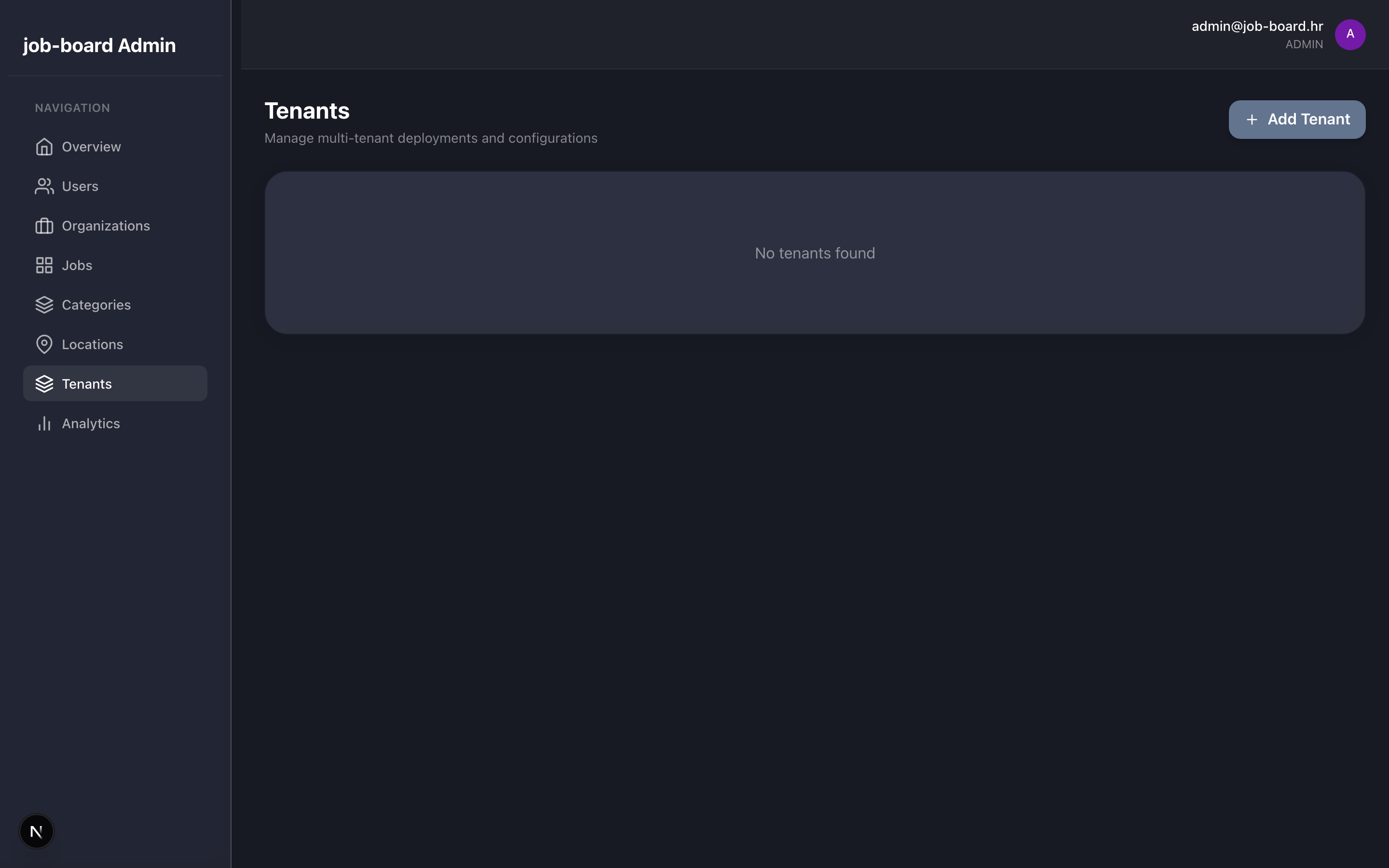 Multi-tenant management showing all registered tenants and their configurations