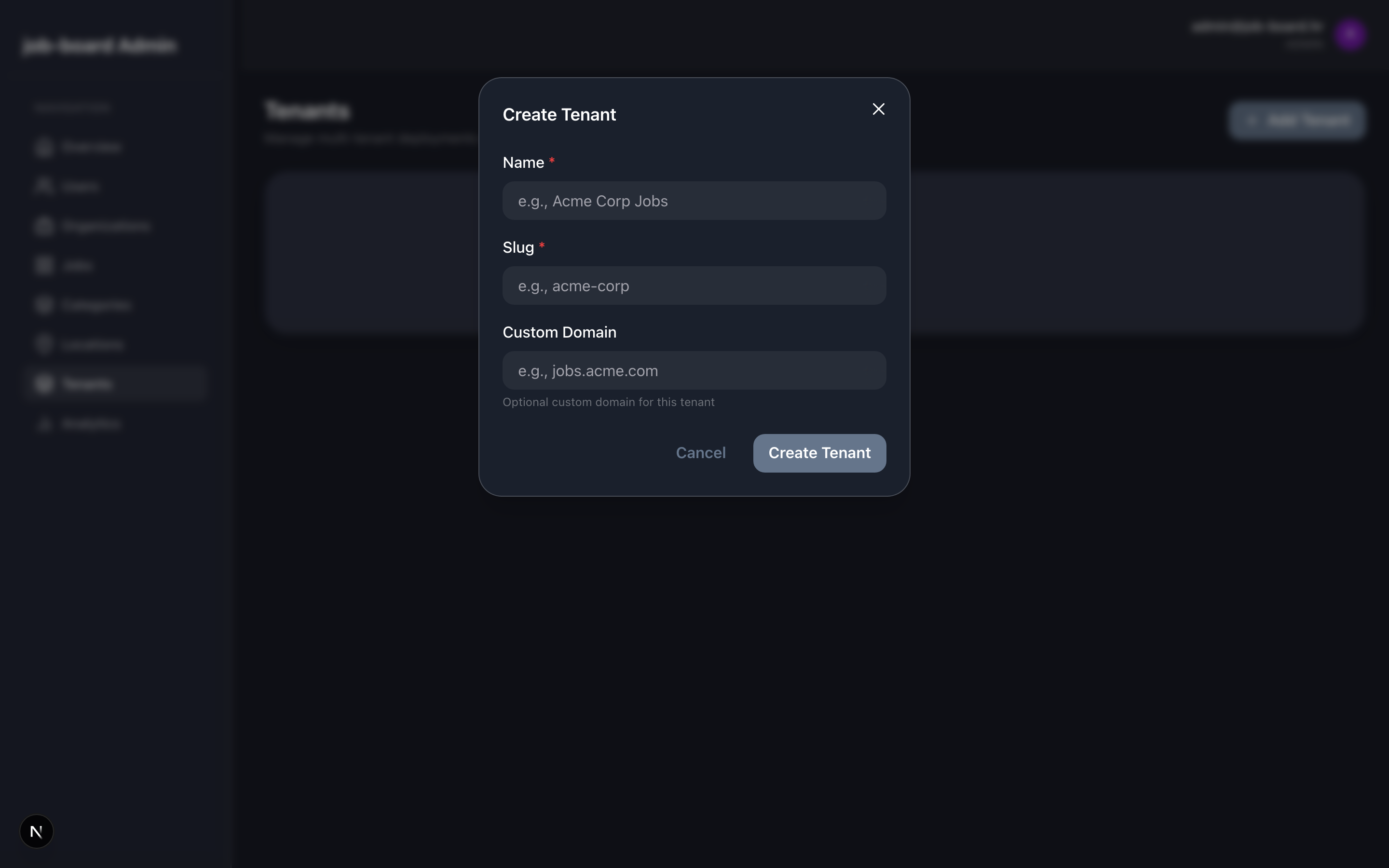 Create tenant modal for adding new platform tenants