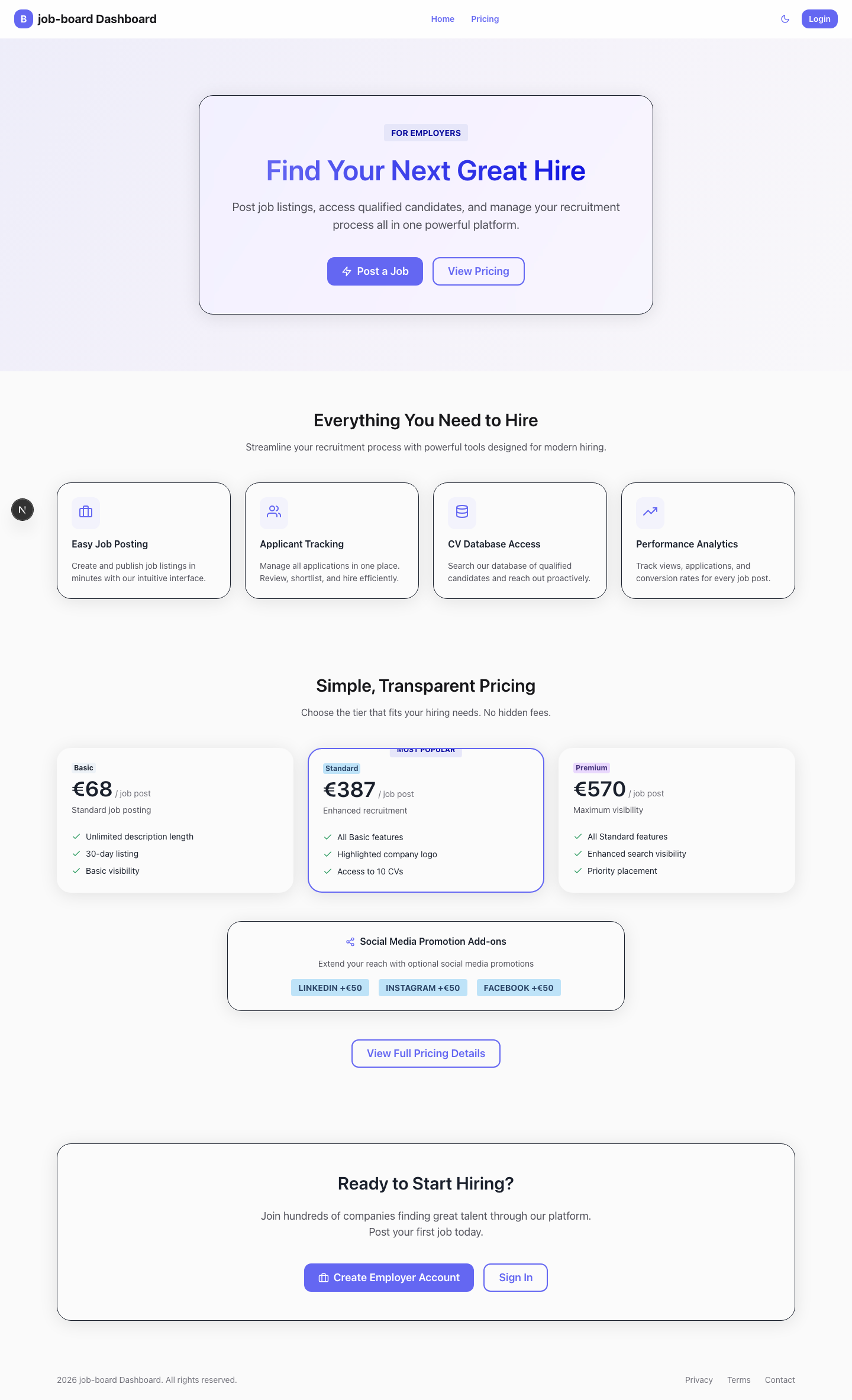 Landing page for employers with value proposition and sign-up CTA