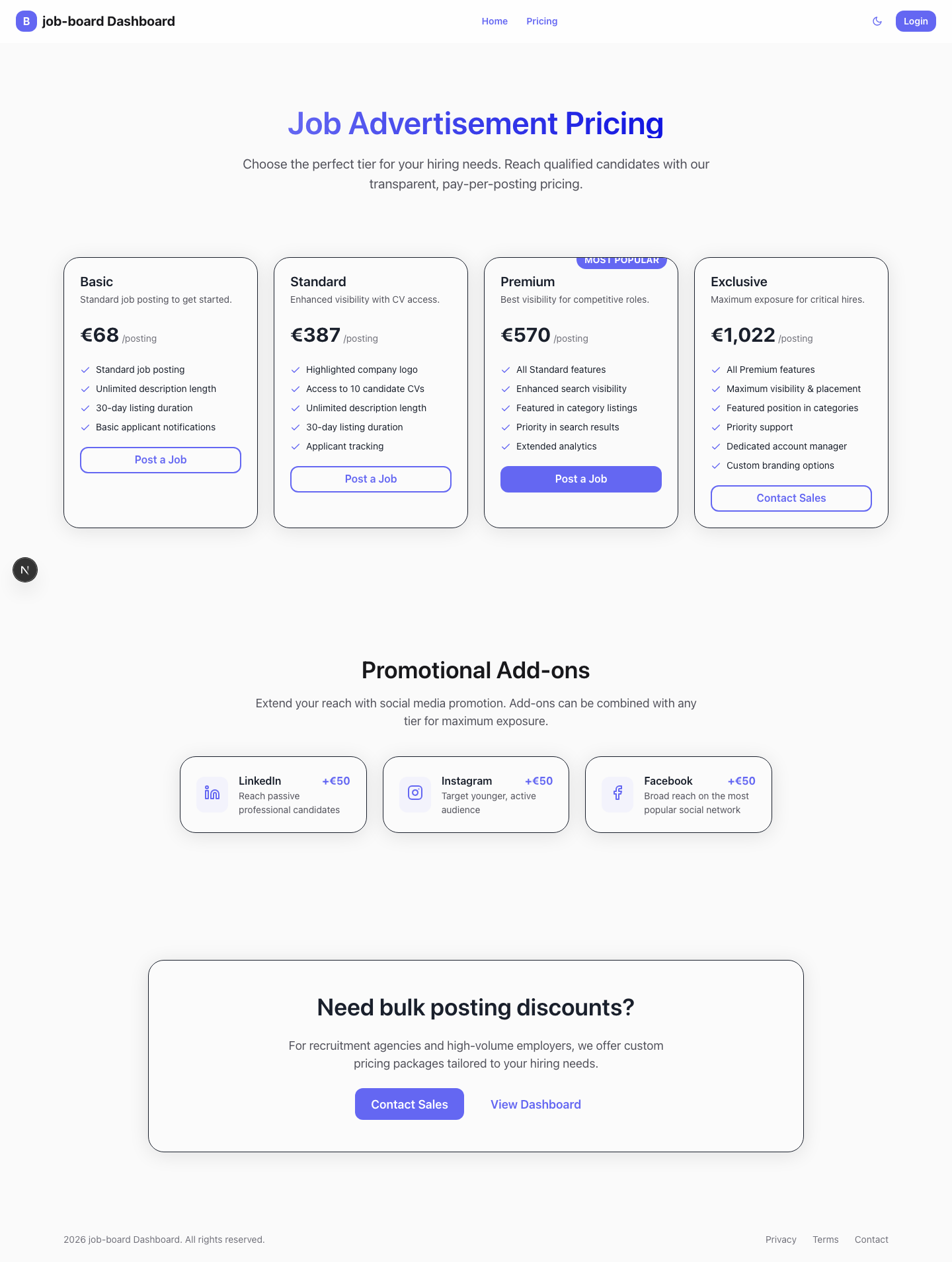 Pricing page with four tiers — Basic, Standard, Premium, and Exclusive — with feature comparison