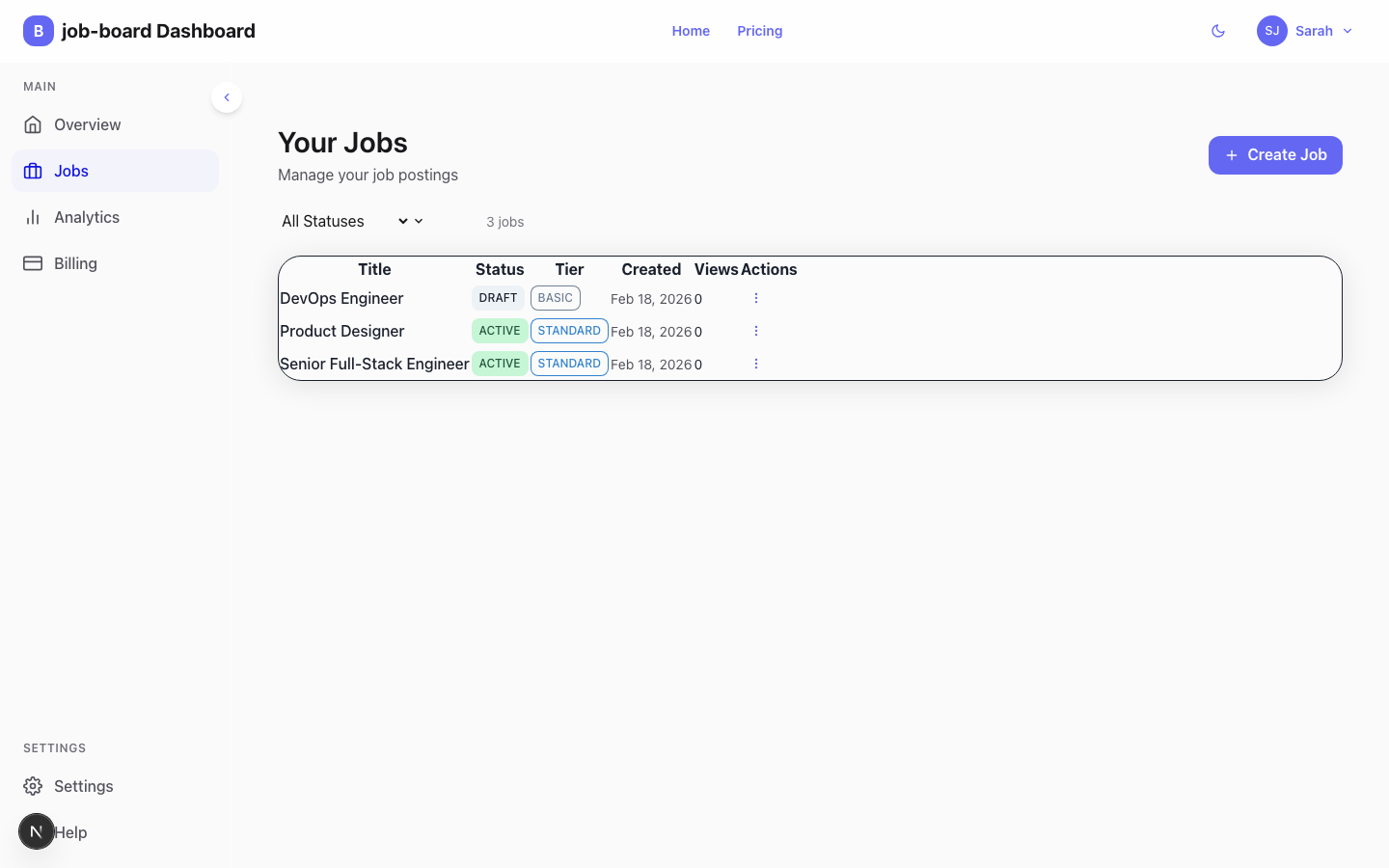 Jobs management table with status badges, view counts, and quick actions