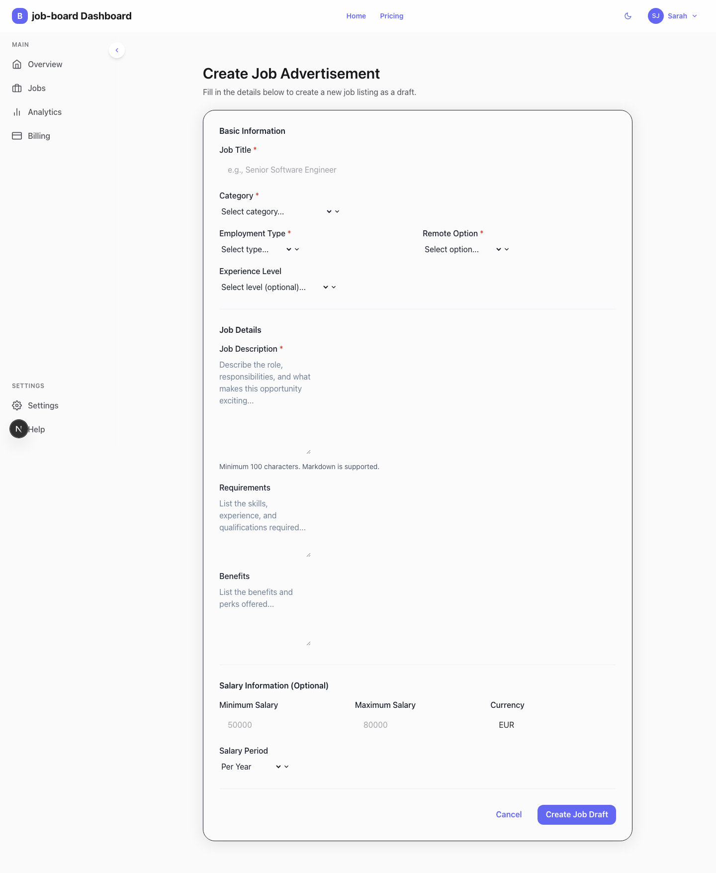 Job creation form with fields for title, description, requirements, and salary range