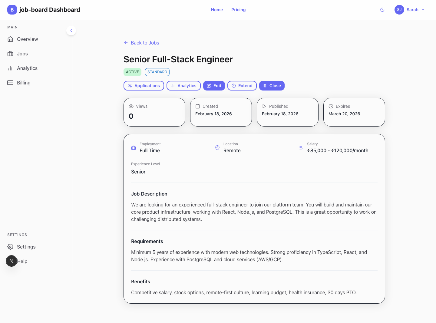 Job detail view showing listing preview and edit options