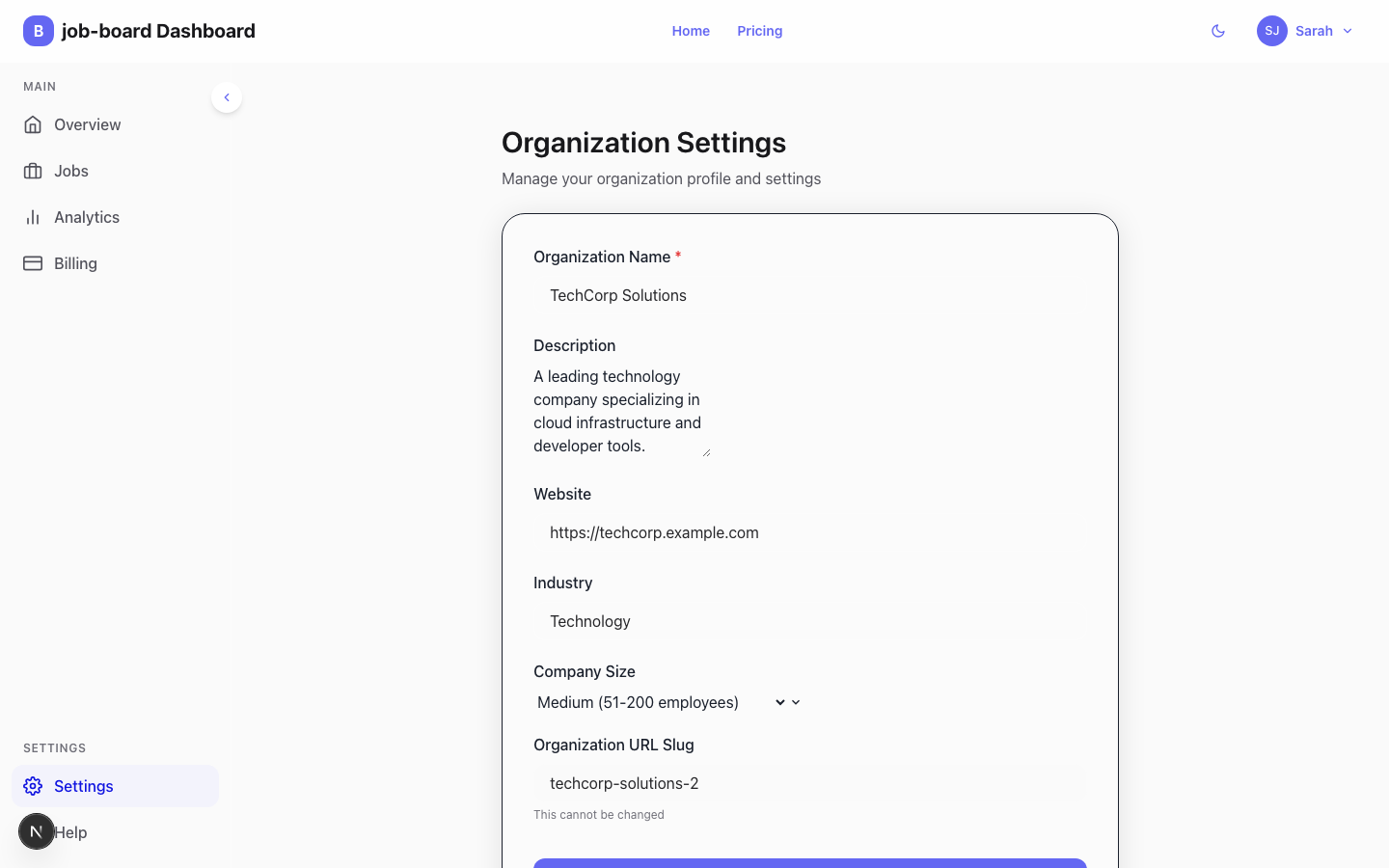 Organization settings page for company profile, branding, and team management