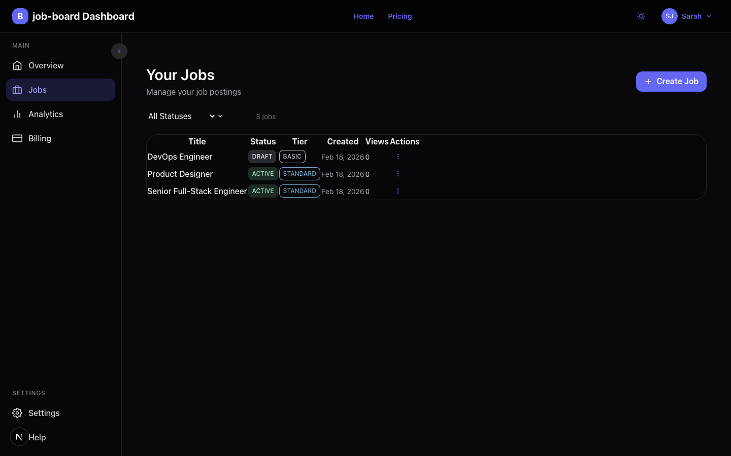 Jobs list in dark mode showing consistent theming across all components