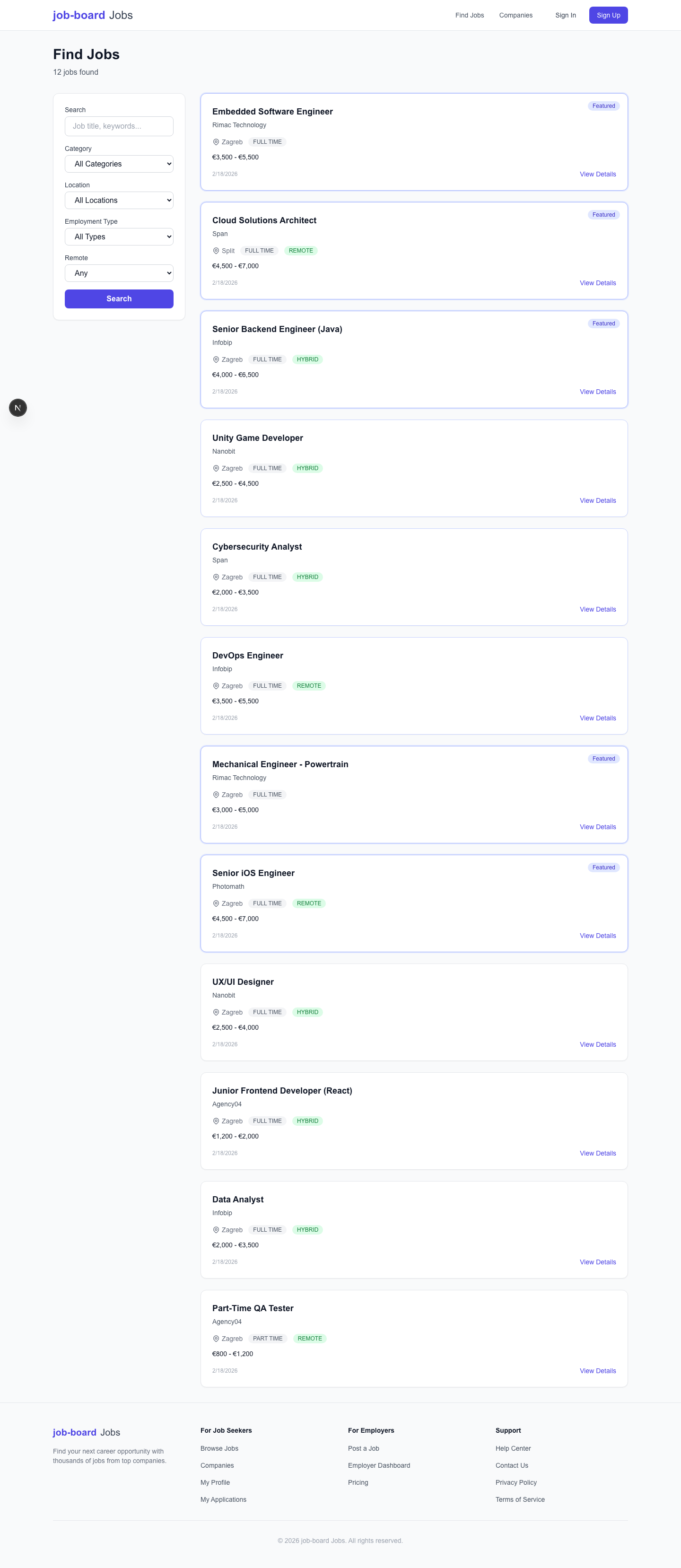 Job listings grid with sidebar filters for location, category, type, and salary range