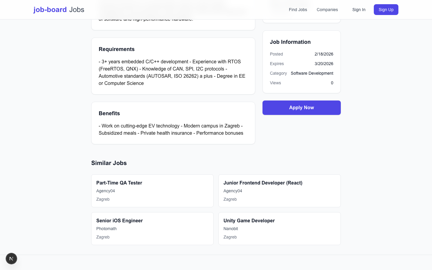 Full job description with requirements, responsibilities, and benefits