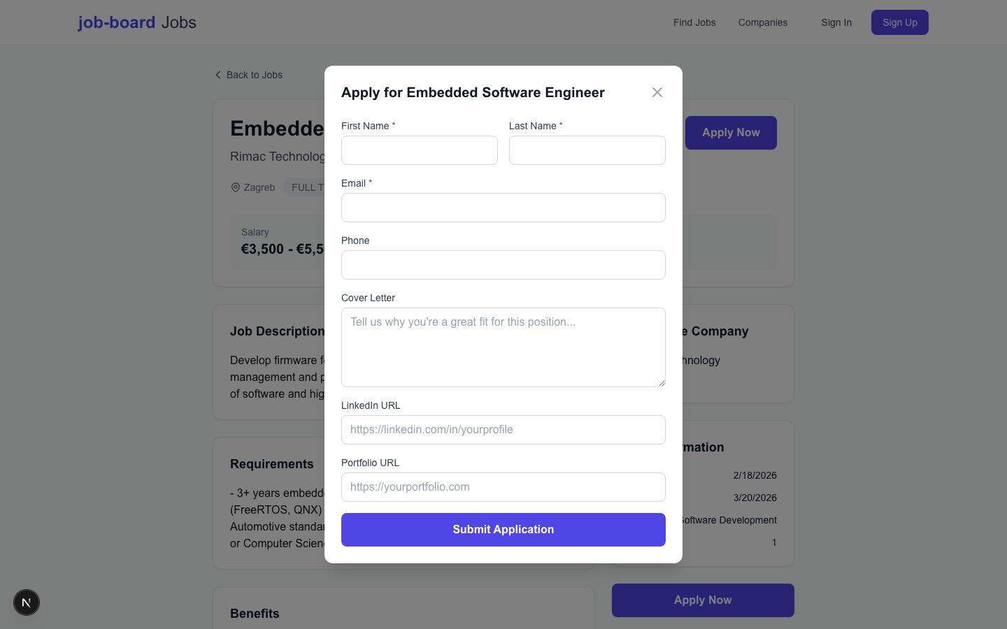 Job application modal with resume upload, cover letter, and contact fields