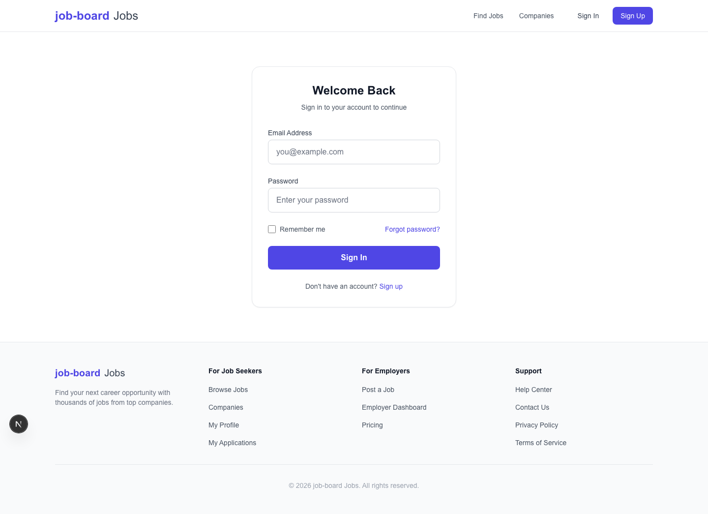 User login page with email and password authentication