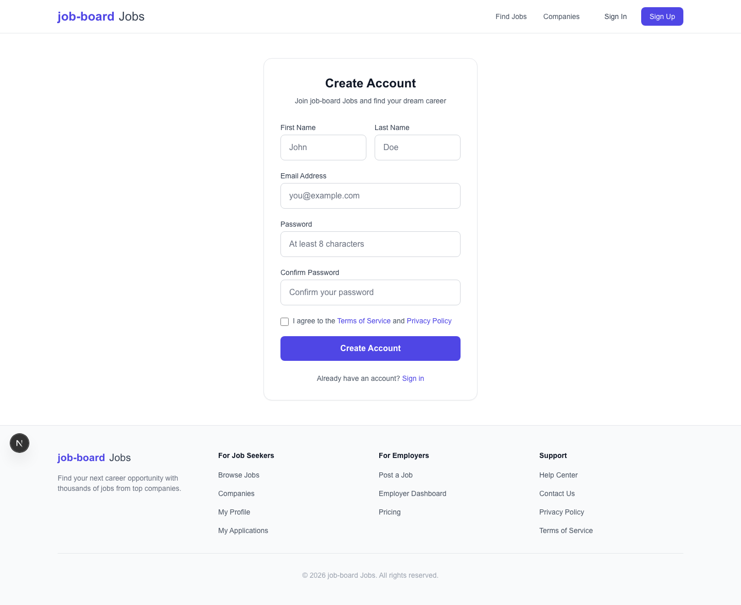 Registration page for creating a new job seeker account